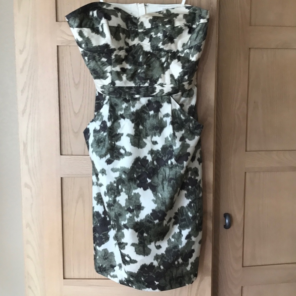J. Crew Olive Green & Cream Strapless 100% Silk Sheath Dress Size 0